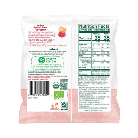 Little Bellies Organic Softcorn Variety Pack, Apple & Berry and Banana (Pack of 18 x 0.28 oz Individual Packs)