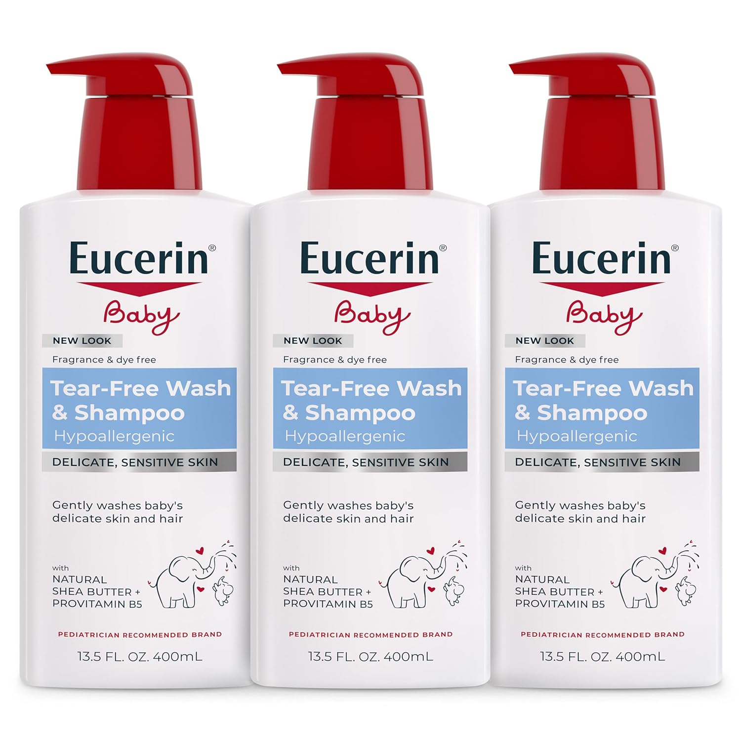Eucerin Baby Unscented Baby Shampoo and Body Wash, Hypoallergenic, Tear Free Shampoo and Wash with Pro-Vitamin B5 and Shea Butter, 13.5 Fl Oz Bottle 3 pack