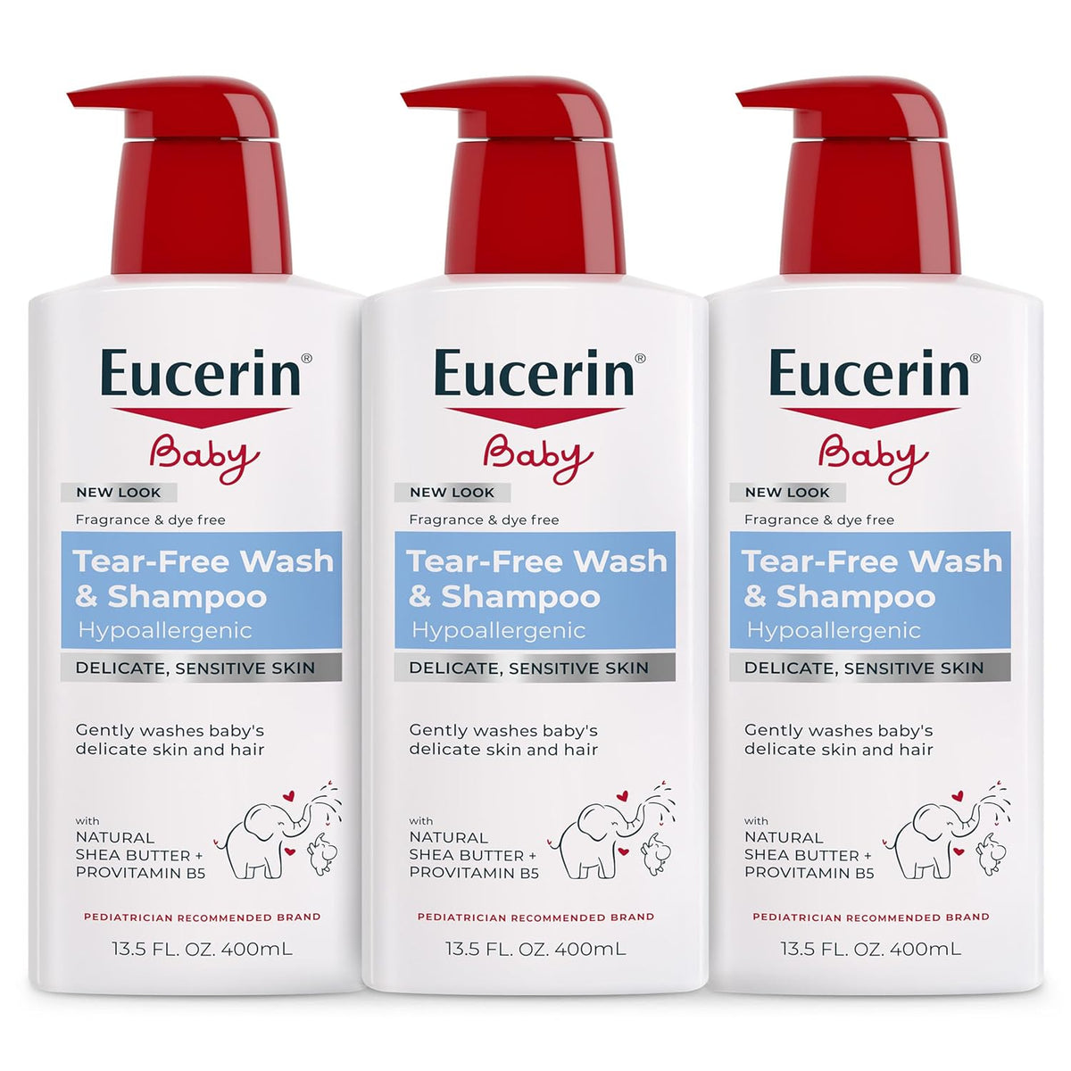 Eucerin Baby Unscented Baby Shampoo and Body Wash, Hypoallergenic, Tear Free Shampoo and Wash with Pro-Vitamin B5 and Shea Butter, 13.5 Fl Oz Bottle 3 pack