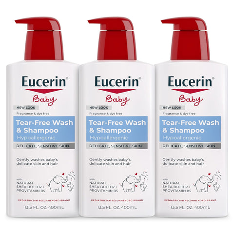 Eucerin Baby Unscented Baby Shampoo and Body Wash, Hypoallergenic, Tear Free Shampoo and Wash with Pro-Vitamin B5 and Shea Butter, 13.5 Fl Oz Bottle 3 pack