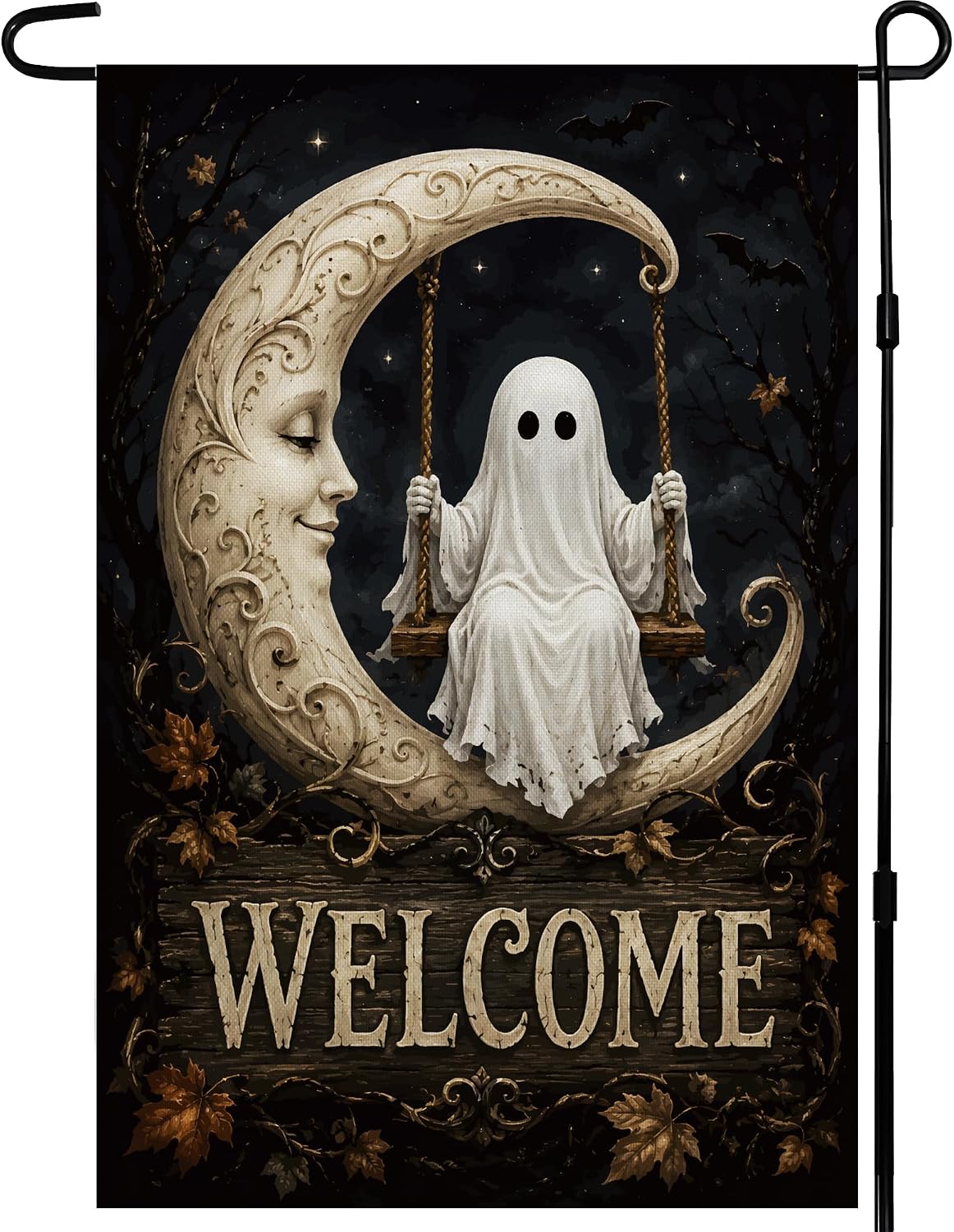 Halloween Decorations - Ghost Swinging on Moon Welcome Garden Flag