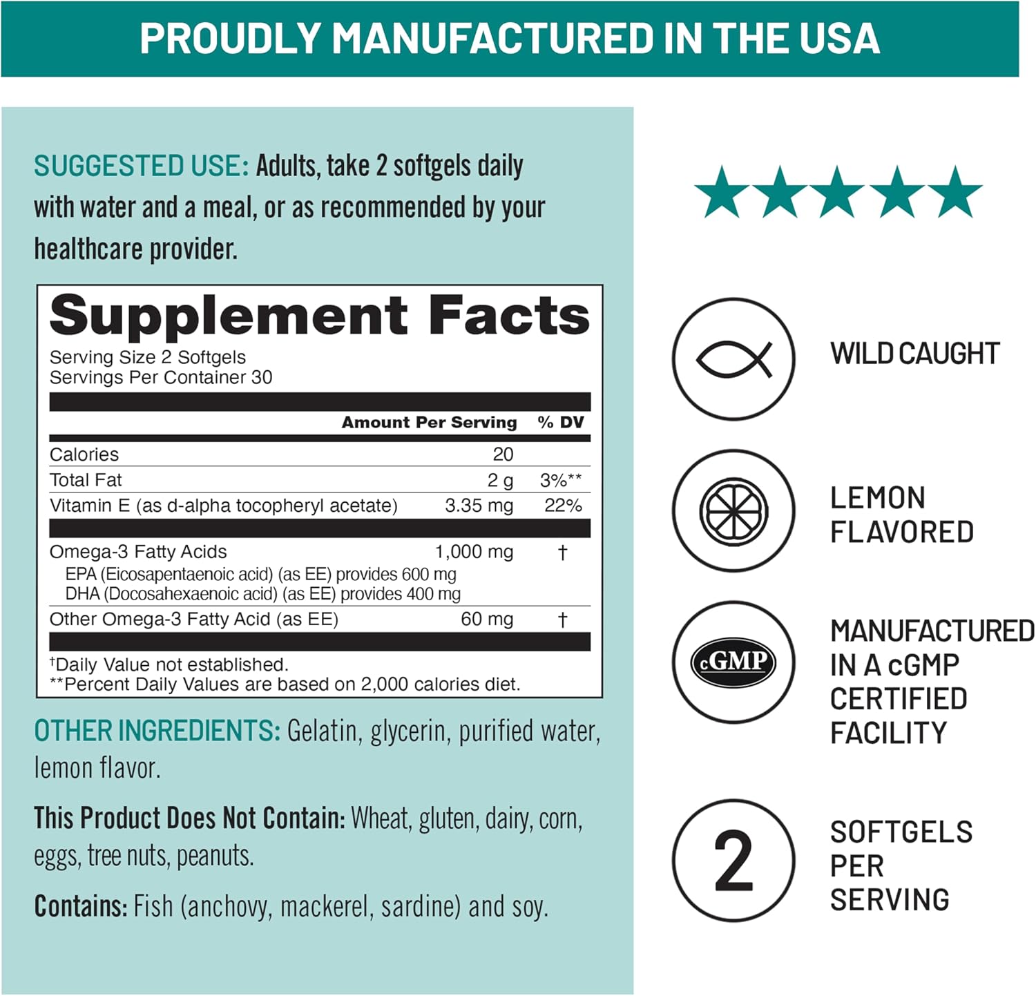 NatureWise Extra-Strength Omega 3 Fish Oil Supplement - 1000mg per Serving - 600 EPA & 400 DHA and Vitamin E - Sustainably Sourced Fish Oil - Lemon Flavor - 60 Softgels[1-Month Supply]