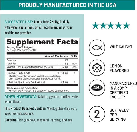 NatureWise Extra-Strength Omega 3 Fish Oil Supplement - 1000mg per Serving - 600 EPA & 400 DHA and Vitamin E - Sustainably Sourced Fish Oil - Lemon Flavor - 60 Softgels[1-Month Supply]