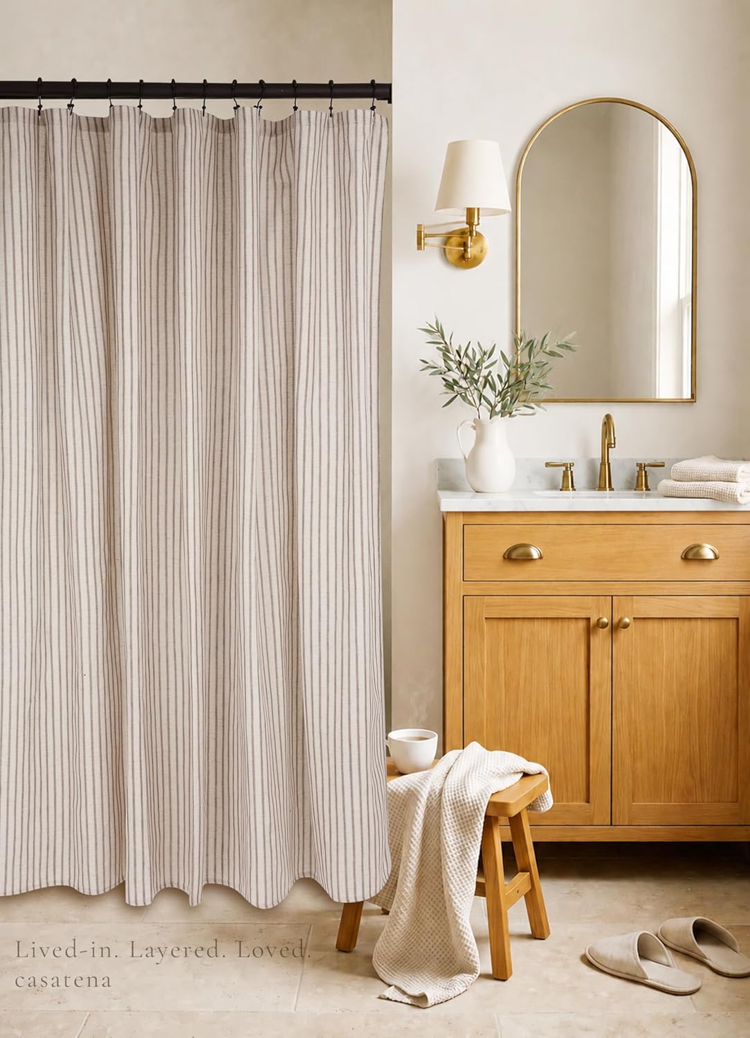 Farmhouse Striped Shower Curtain - 72x72 Inches, Linen Blend Fabric, Breathable & Machine Washable, Rustic Taupe for Bathroom Decor (Hooks/Liner Not Included)
