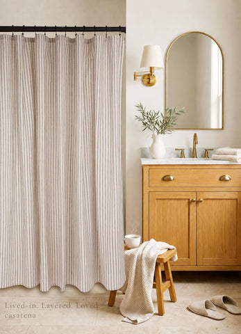 Farmhouse Striped Shower Curtain - 72x72 Inches, Linen Blend Fabric, Breathable & Machine Washable, Rustic Taupe for Bathroom Decor (Hooks/Liner Not Included)