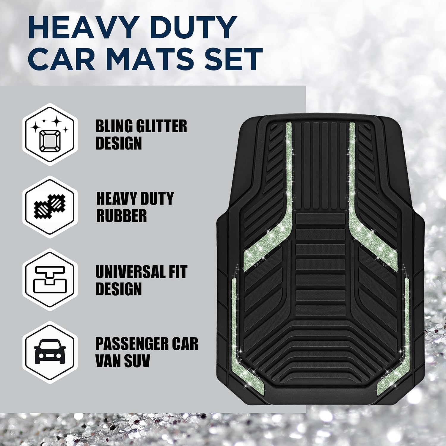PIC AUTO Car Floor Mats, Green Sparkly Crystal Bling Glitter Car Mats Set, Front and Rear Heavy Duty Rubber Car Mats with Anti-Slip Backing, All Weather, Trim-to-Fit for Automotive SUVs, Sedan, Vans