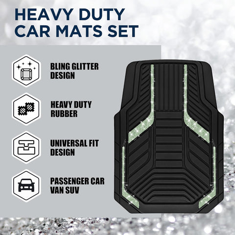 PIC AUTO Car Floor Mats, Green Sparkly Crystal Bling Glitter Car Mats Set, Front and Rear Heavy Duty Rubber Car Mats with Anti-Slip Backing, All Weather, Trim-to-Fit for Automotive SUVs, Sedan, Vans