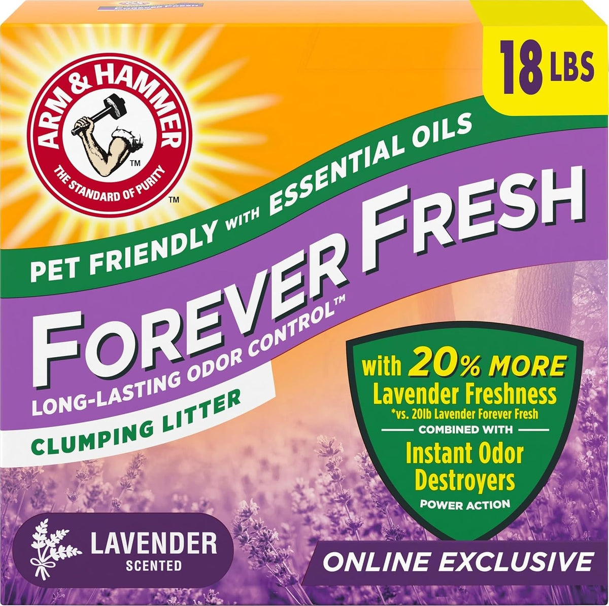 Arm & Hammer Forever Fresh Clumping Cat Litter Lavender, MultiCat Cat Litter Odor Control 18lb With 20% More Lavender Freshness, With Essential Oils