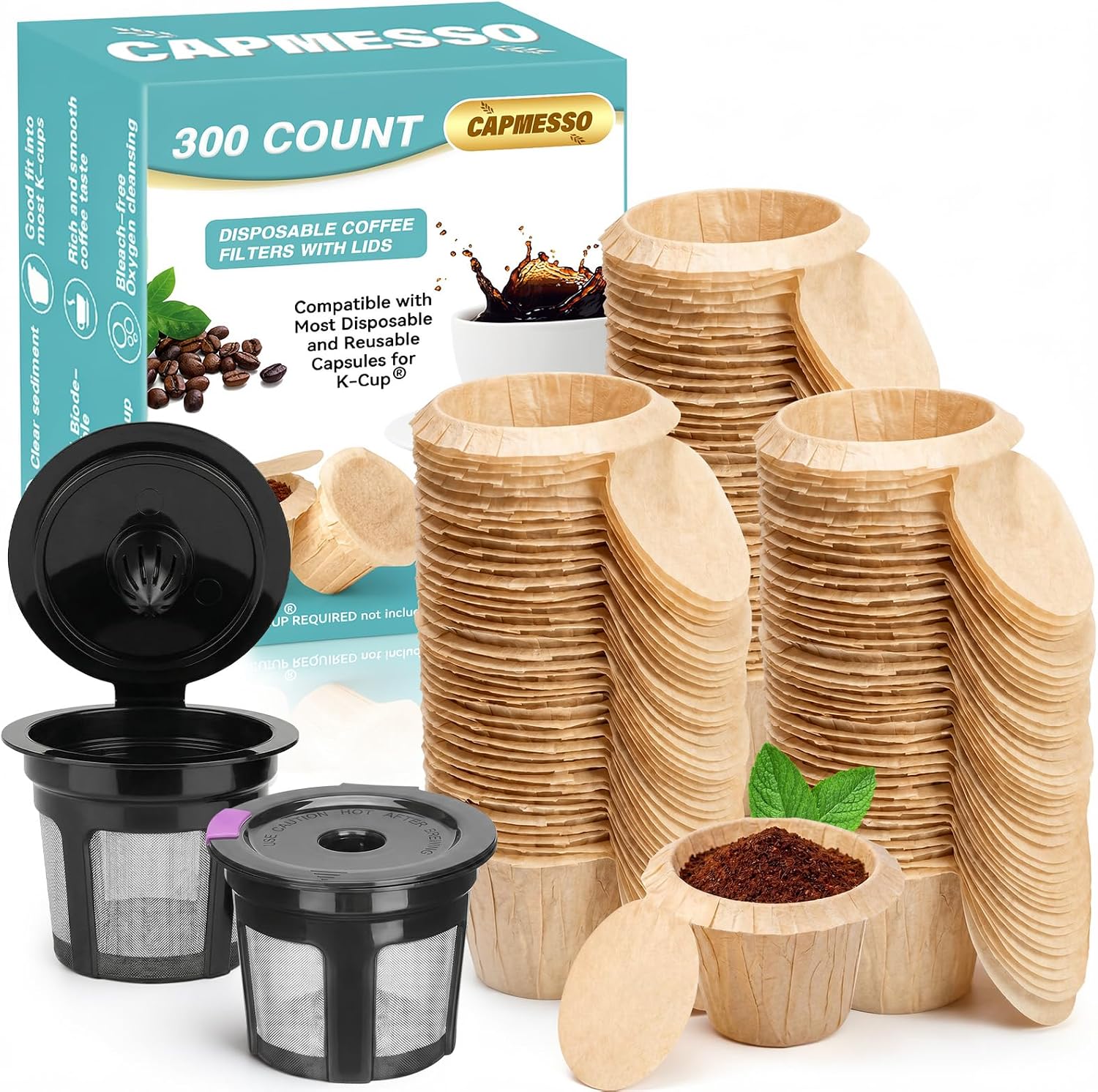 CAPMESSO 2 Reusable K Cups & 300 Unbleached Coffee Filters with Genius Lid