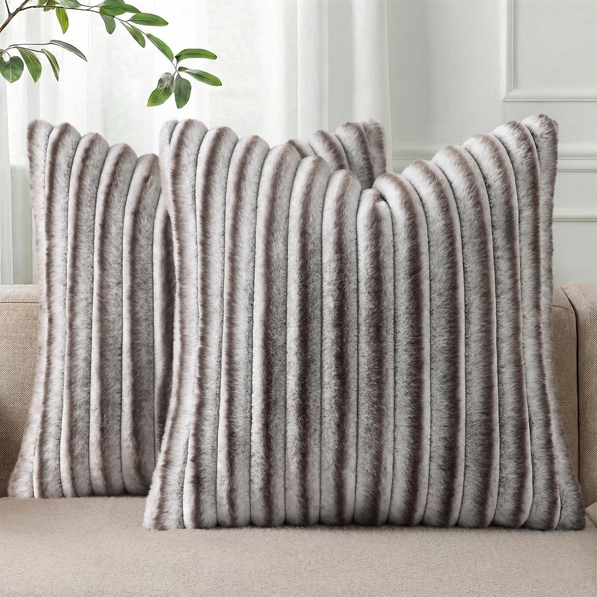Pallene Faux Fur Decorative Throw Pillow Covers 18x18 Set of 2, Ombre Brown