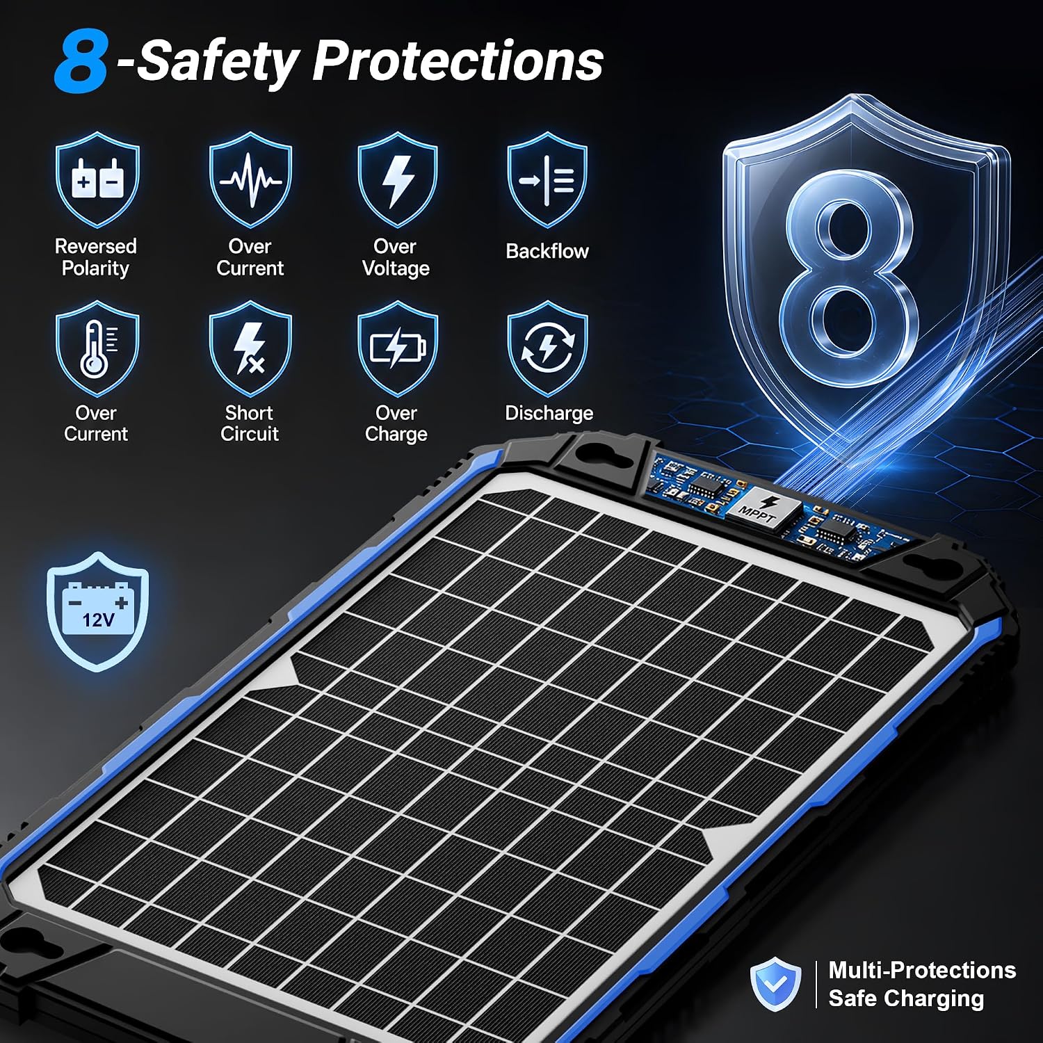 SUNER POWER Waterproof 12W 12V Solar Battery Charger & Maintainer Pro, Built-in UltraSmart MPPT Charge Controller, 12 Volt Solar Panel Trickle Charging Kits for Car Automotive Boat Marine RV Trailer