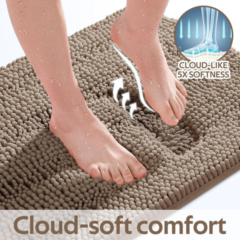 ACCUMTEK Striped Dark Beige Toilet Bathroom Rug Mat 24" x 20" Contour Rug Ultra Soft, Non Slip Chenille Bath Rugs, Absorbent Plush Shaggy Bath Mats for Bathroom, Bedroom, Kitchen, Shower, Tub,Taupe