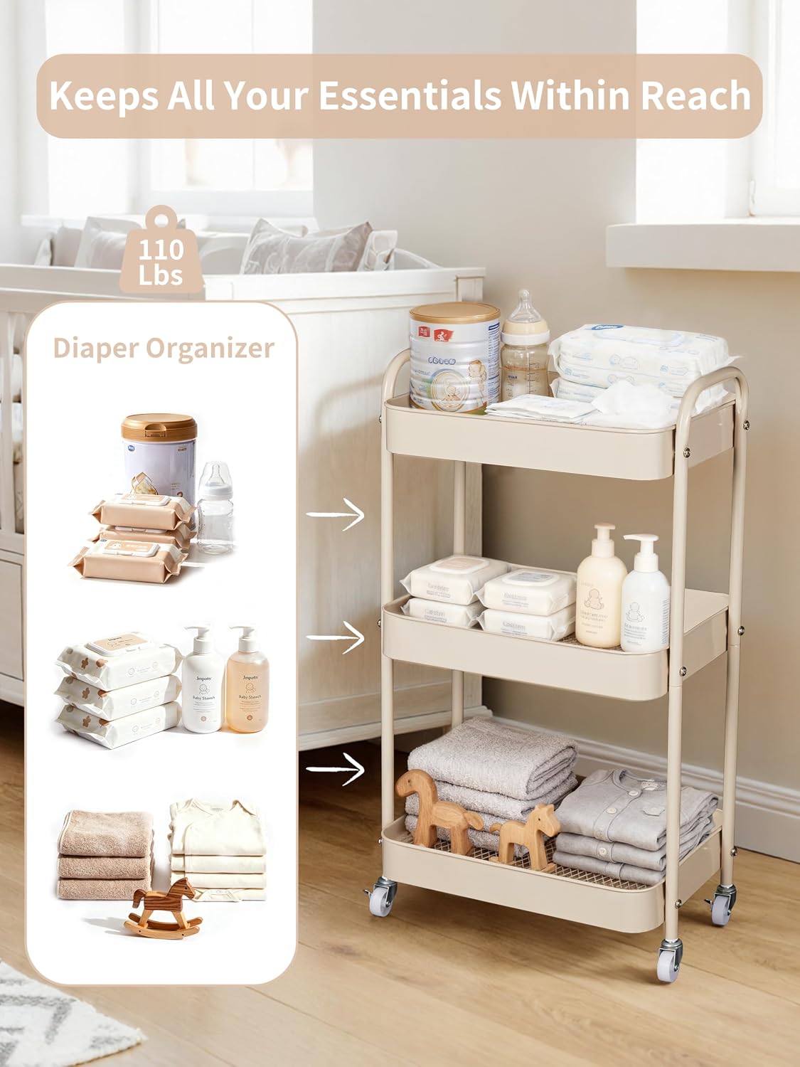 Fortella Baby Diaper Caddy, 3 Tier Rolling Cart for Baby Essentials, Taupe