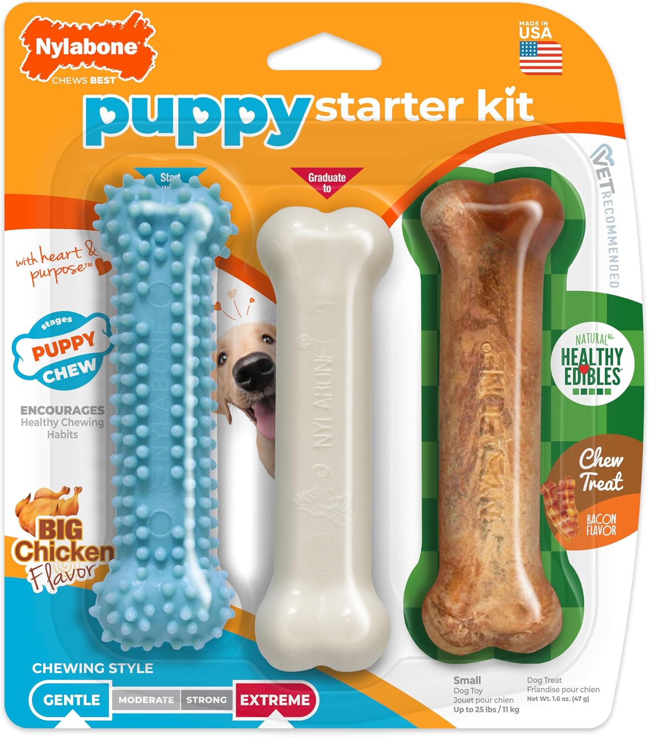 Nylabone New Puppy Starter Kit, Puppy Teething Toys, 3 Pack, Blue