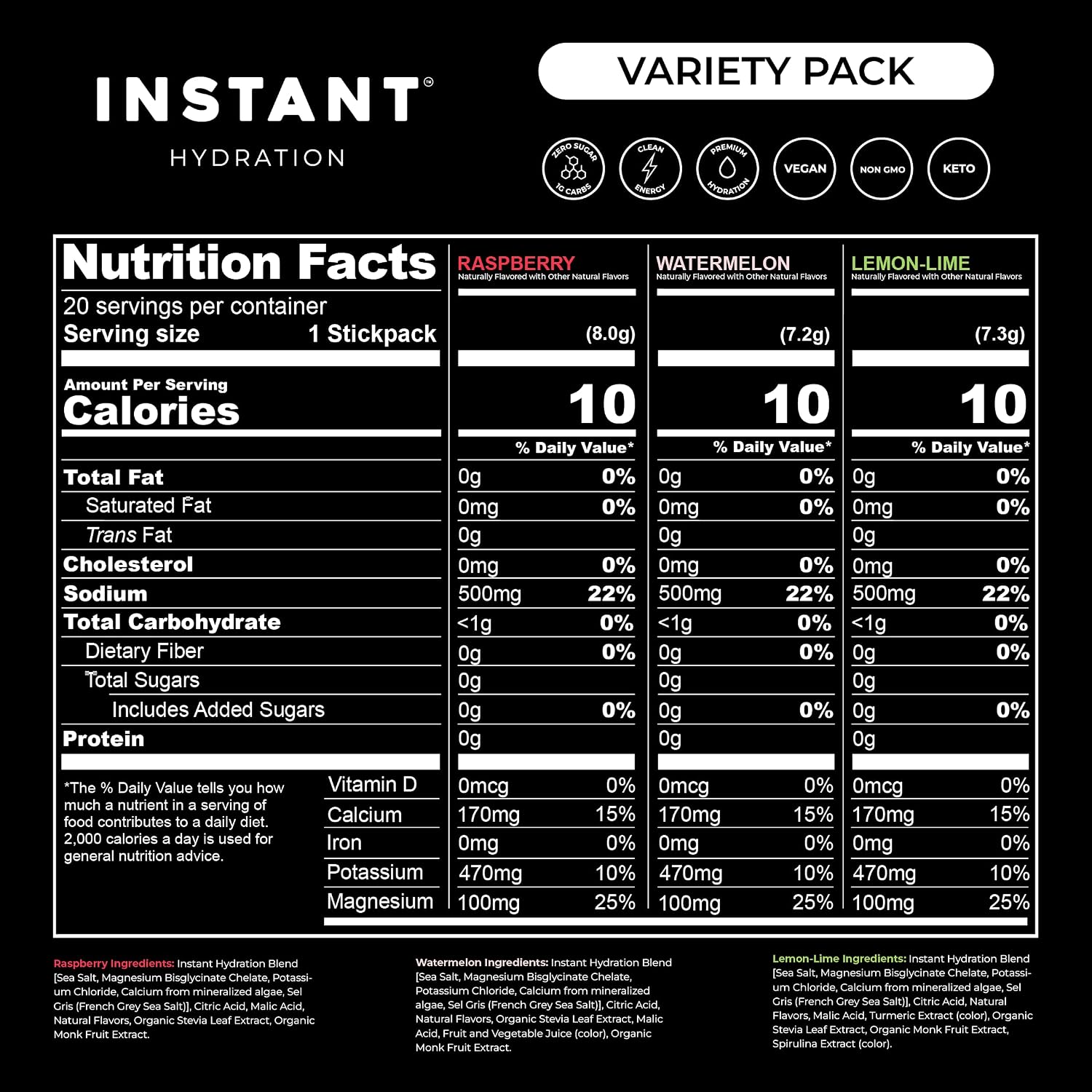 Instant Hydration Sugar Free Electrolytes Powder Packets Variety Pack - Watermelon, Raspberry, Lemon Lime Drink Mix & Travel Essentials with Magnesium and Potassium - Post Workout Recovery - 20 Sticks