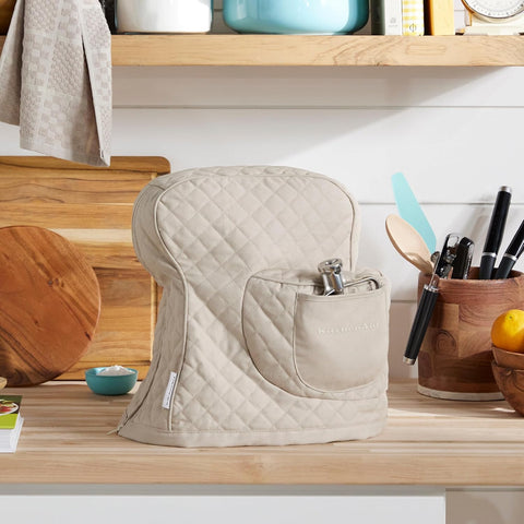KITCHENAID Fitted Tilt-Head Stand Mixer Cover with Storage Pocket, Quilted 100% Cotton,14.4"x18"x10", Milkshake Tan