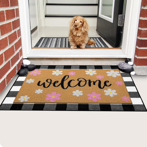 Tinideya 2 Pcs Spring Door Mat Outdoor Layered Pink Flower Welcome Mat