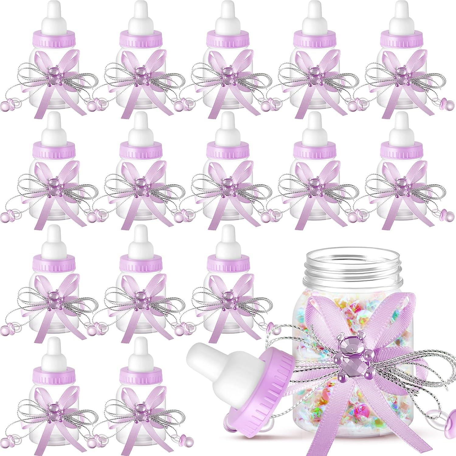 Nuenen 48 Pcs Baby Shower Milk Bottles with Ribbon Plastic Bear Candy Bottles Baby Shower Favors Gender Reveal Wedding Birthday Party Decorations (Purple)