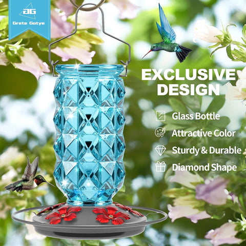 2 Pack Glass Hummingbird Feeders for Outdoors, 25 Ounces Wild Bird Nectar Feeder with Perch & 5 Flower Feeding Ports Leak Proof Hanging for Garden Backyard Decor, Gifts for Women Mom, Red & Blue