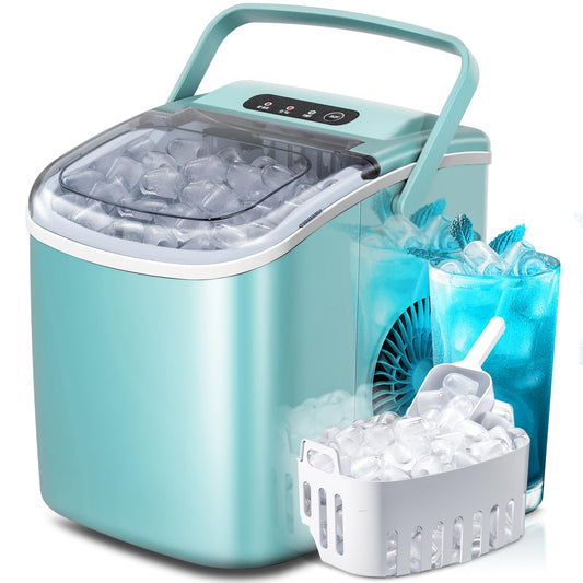 Portable Ice Maker Machine With Handle, 27lbs/24Hrs, 6Mins/9 Ice Cubes, Self-Cleaning With Basket/Scoop, Countertop Ice Makers for Home/Kitchen/Office(Green)