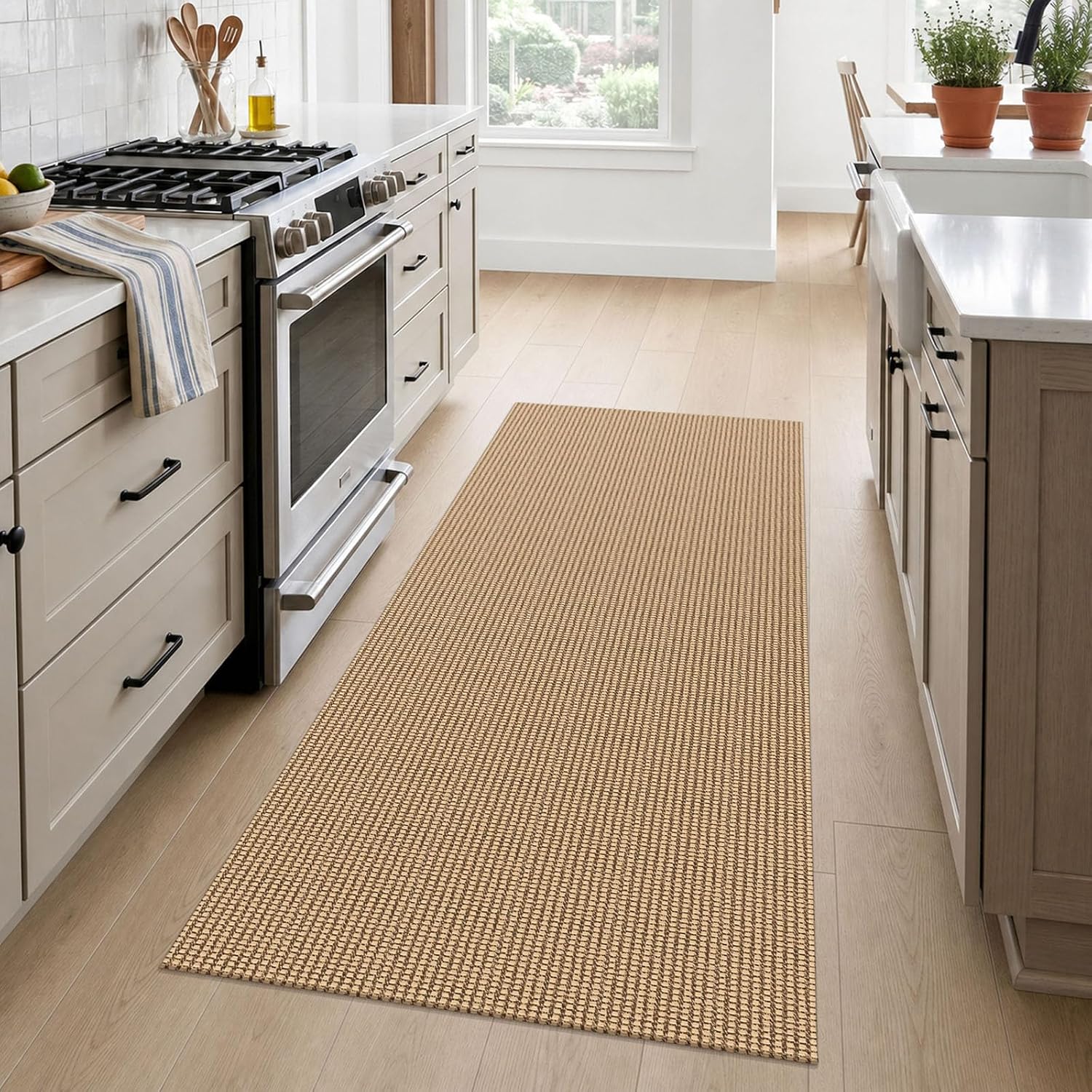 IOHOUZE Washable Runner Rug 3x6 Non Slip Rubber Backed Wide Hallway Runner Entryway Runner Indoor, Woven Kitchen Rugs Cotton Floor Carpet for Hall Entrance Bedroom, Orange/Tan/Brown