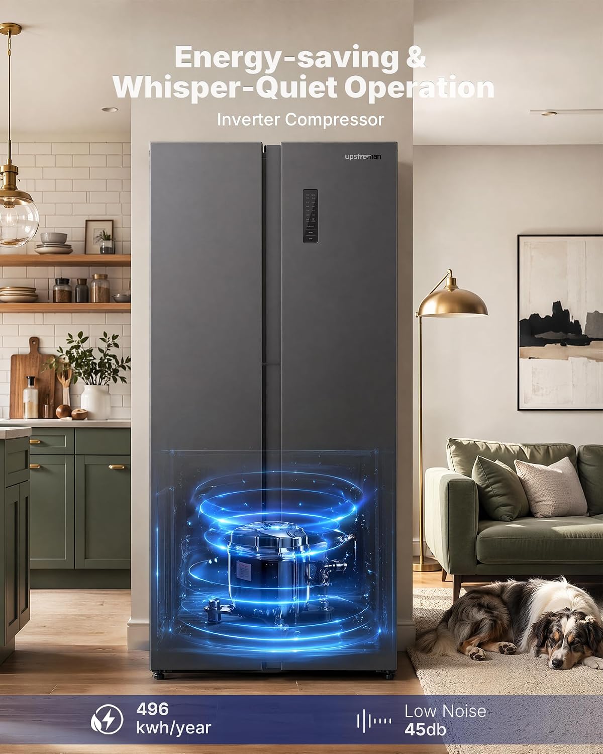Upstreman 18.8 Cu.Ft Side By Side Refrigerator 36 Inch Counter Depth Full Size Fridge Black Kitchen Fridge SBS188
