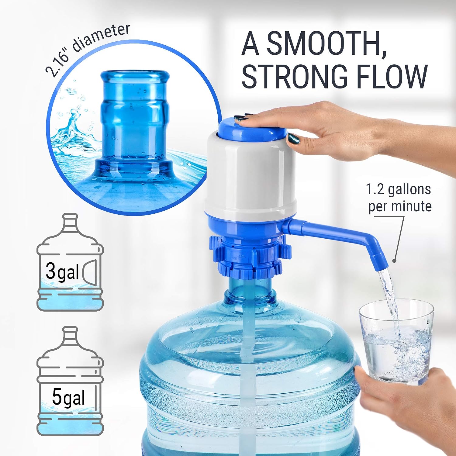 HotFrost Manual Water Pump for 5 Gallon Jug & Bottle – Non-Electric 5 Gallon Water Dispenser, Universal Hand Pump with 3 Adjustable Tubes, 53mm Screw Top Adapter, Spout Cap & Cleaning Brush, BPA-Free