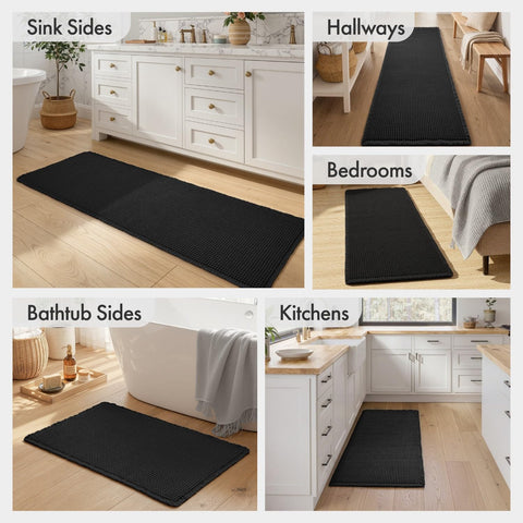 MIULEE Waffle Bathroom Runner Rugs Boho Large Bath Mat 2'x5'(24"x60") Black