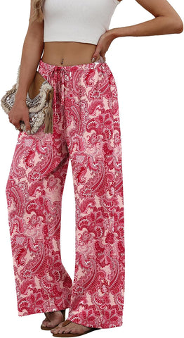 Sampeel Wide Leg Pants for Women Flowy Palazzo Drawstring Elastic Waist Trousers with Pockets Summer Beach Vacation Clothes