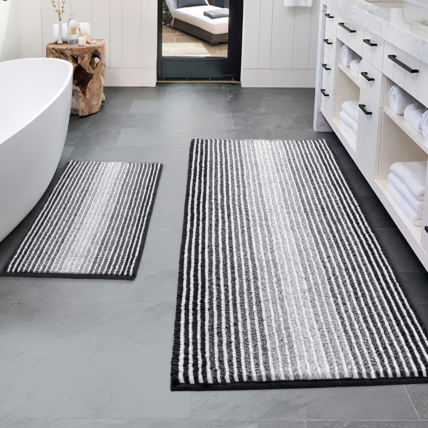 BSICPRO Bathroom Rugs Sets 2 Piece, Non Slip Striped Bath Mats, Black