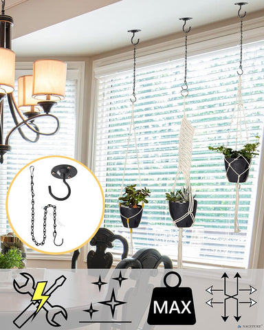 NACETURE Heavy Duty Plant Ceiling Hooks with Chain, Black, 3 Pack