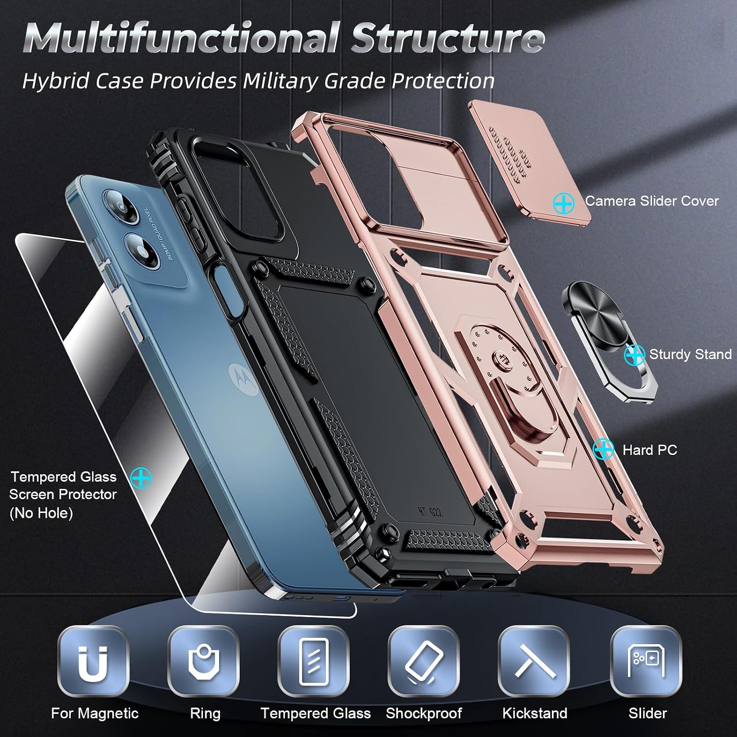 LeYi for Motorola G Play 2024 Case, Moto G Play Phone Case 2024 4G with Slide Camera Cover and Screen Protector, [Military-Grade] Hard Case with Magnetic Stand for Moto G Play 4G, Rose Gold