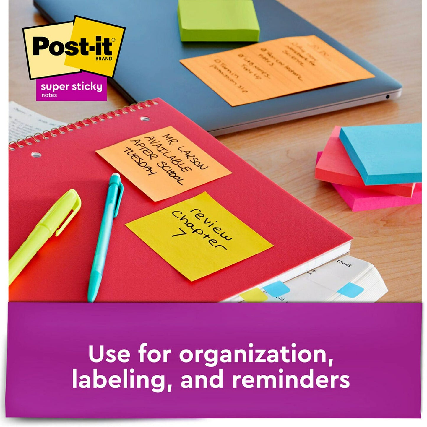 Post-it Super Sticky Notes, 3x3 in, 6 Pads, 2x the Sticking Power, Energy Boost Collection, Bright Colors (Orange, Pink, Blue, Green,Yellow),Recyclable (654-6SSAU)