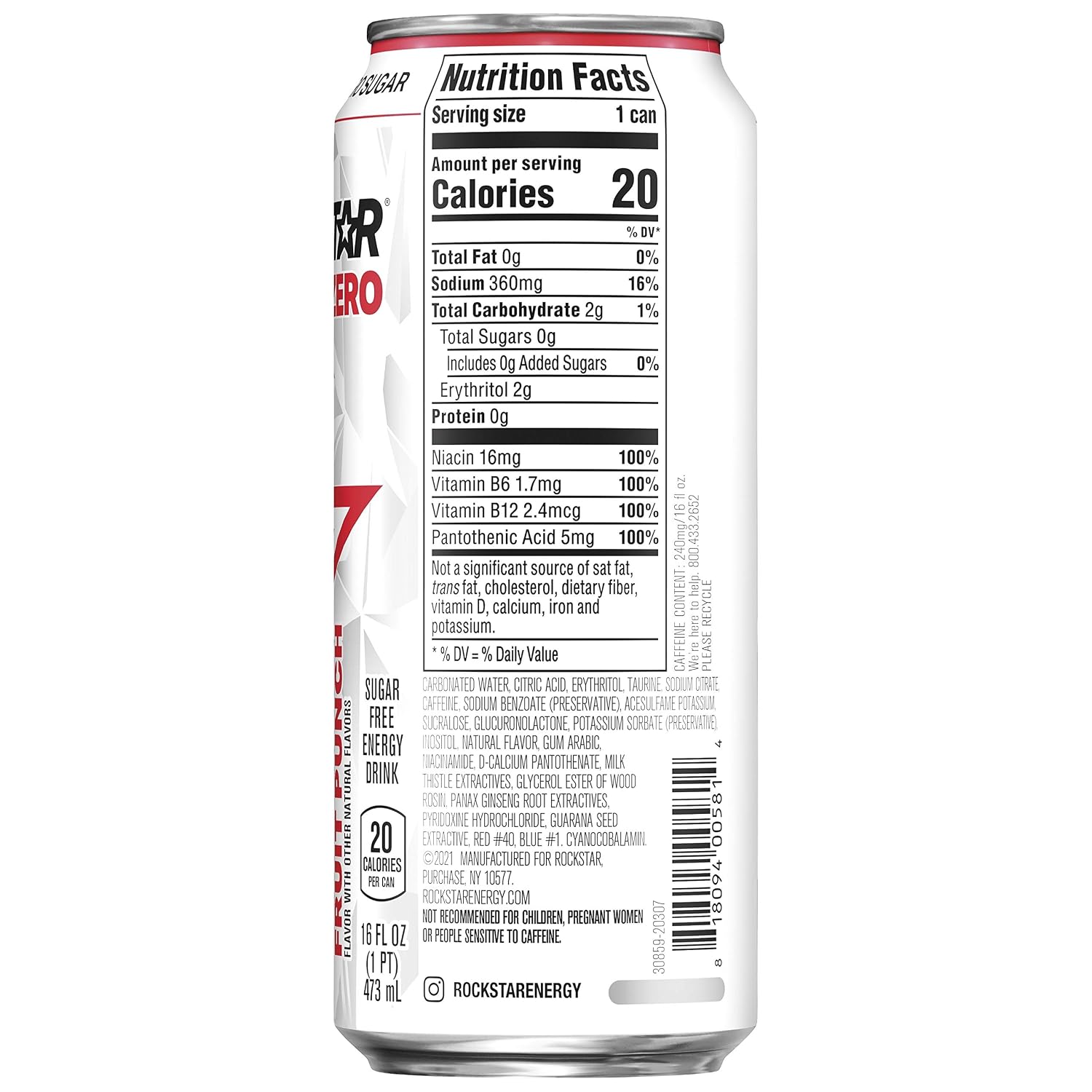 Rockstar Pure Zero Energy Drink, 0 sugar 0 calories, with Caffeine and Taurine, 16oz (Packaging May Vary), Punched, 384 Fl Oz (Pack of 24)