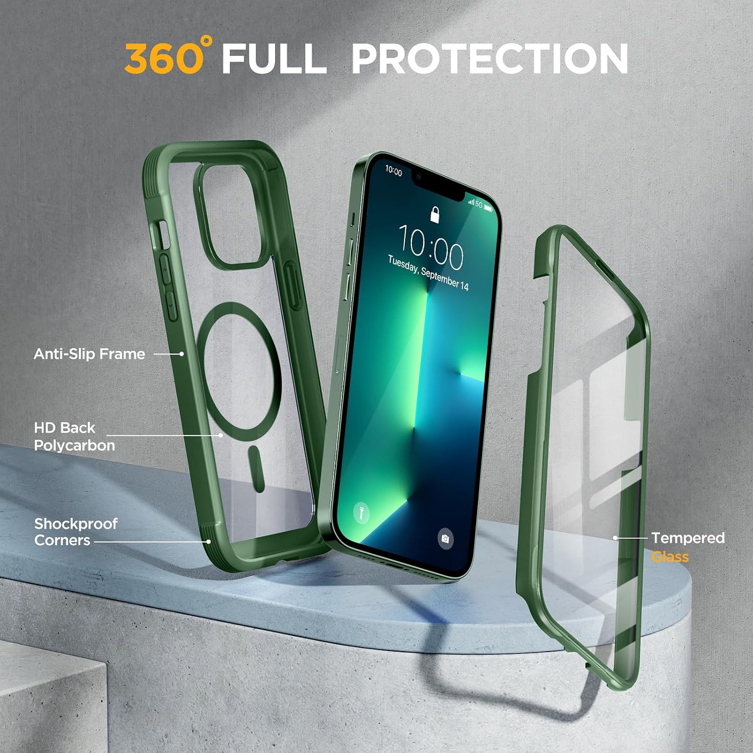 Miracase for iPhone 13 Pro Case 6.1",Built-in Glass Screen Protector,Green
