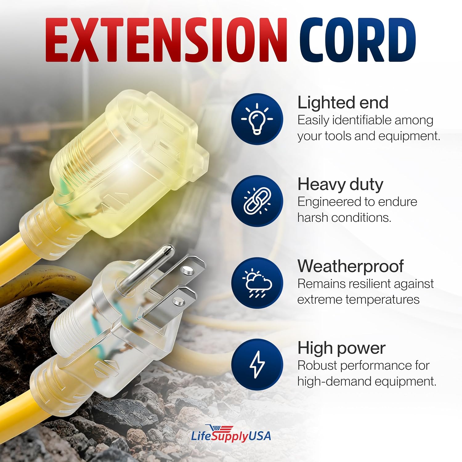 50ft Outdoor/Indoor Extension Cord 10/3 Gauge Ultra Heavy Duty 3 Prong SJTW, Waterproof, Flexible Cold-Resistant Long Power Cord,15A 125V 1875W, Yellow by LifeSupplyUSA