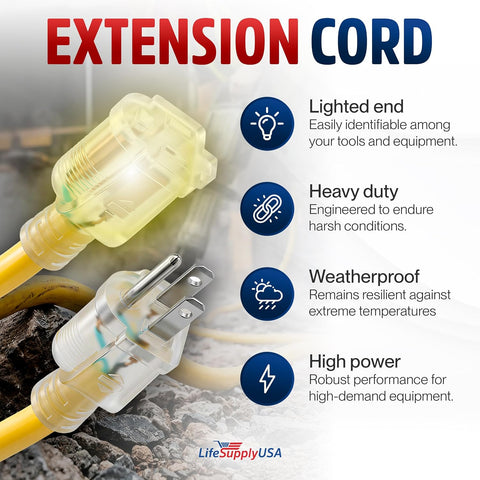 50ft Outdoor/Indoor Extension Cord 10/3 Gauge Ultra Heavy Duty 3 Prong SJTW, Waterproof, Flexible Cold-Resistant Long Power Cord,15A 125V 1875W, Yellow by LifeSupplyUSA