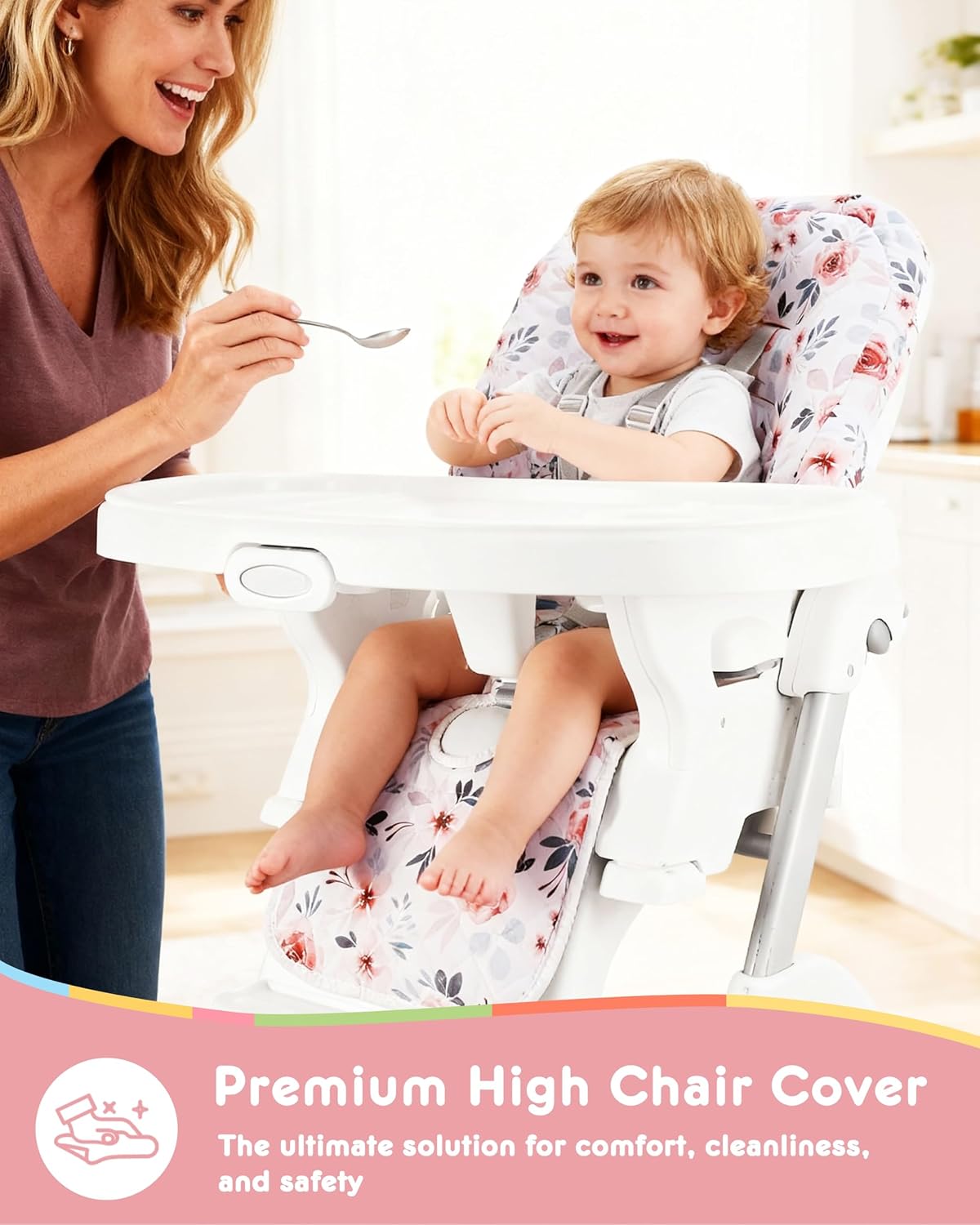 Baby High Chair Cover Replacement, Reversible & Waterproof High Chair Cushion Pad Home & Restaurant use, Includes 5-Point Harness Strap, Chair Not Included - Pink