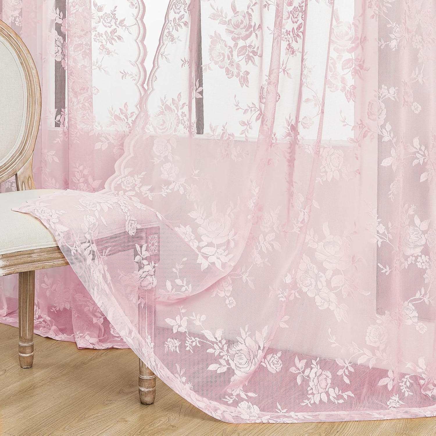 72 Inch Pastel Pink Lace Curtains 2 Panels Rod Pocket Big Flower Embroidery Semi Sheer Privacy Scalloped Hem Drapes for Dining Room Transitional Romantic Style Girls Women Blush Nude Rose, 52x72
