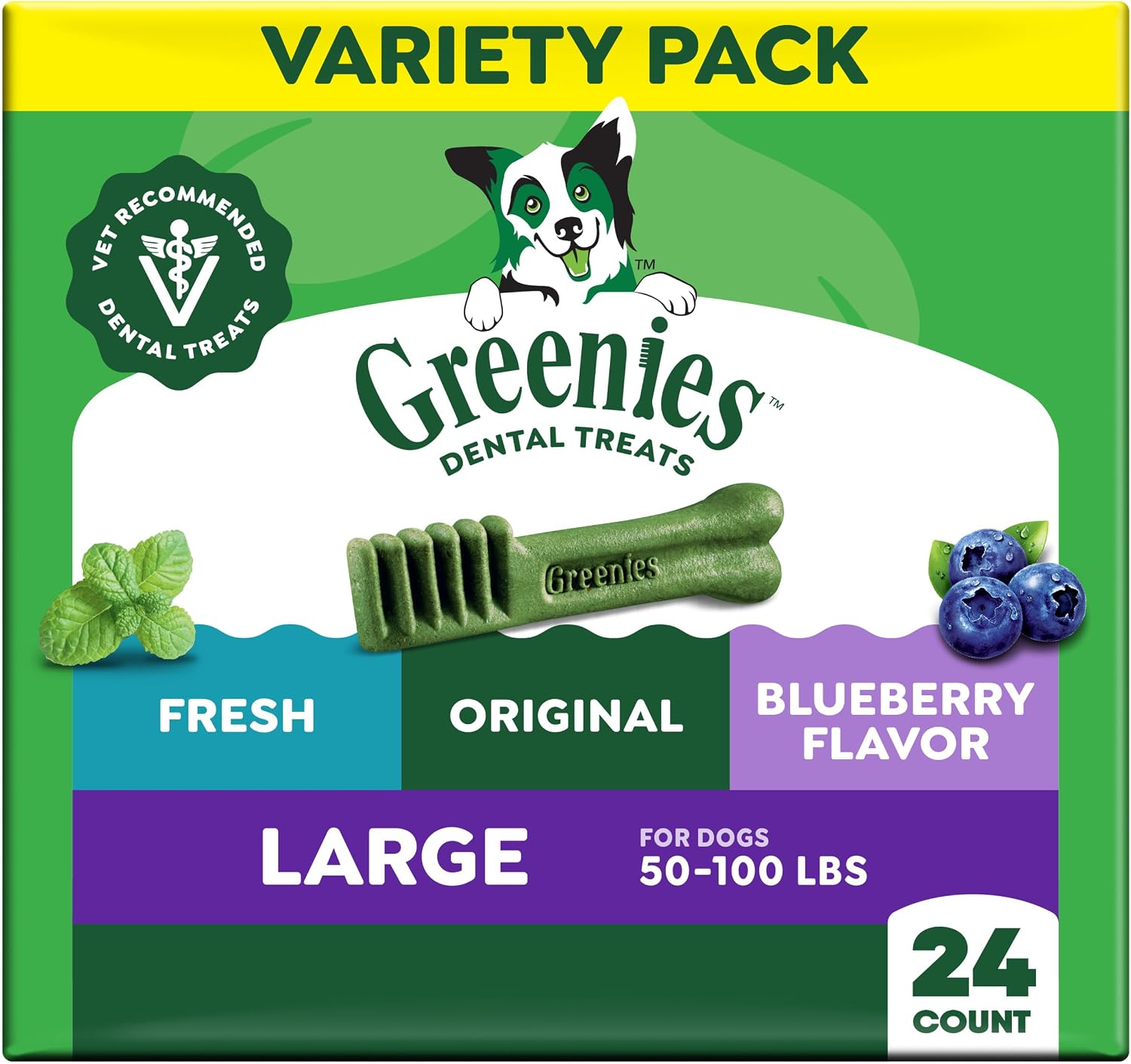 Greenies Large Dental Dog Treats, Mint, Original, & Blueberry, 24 Count