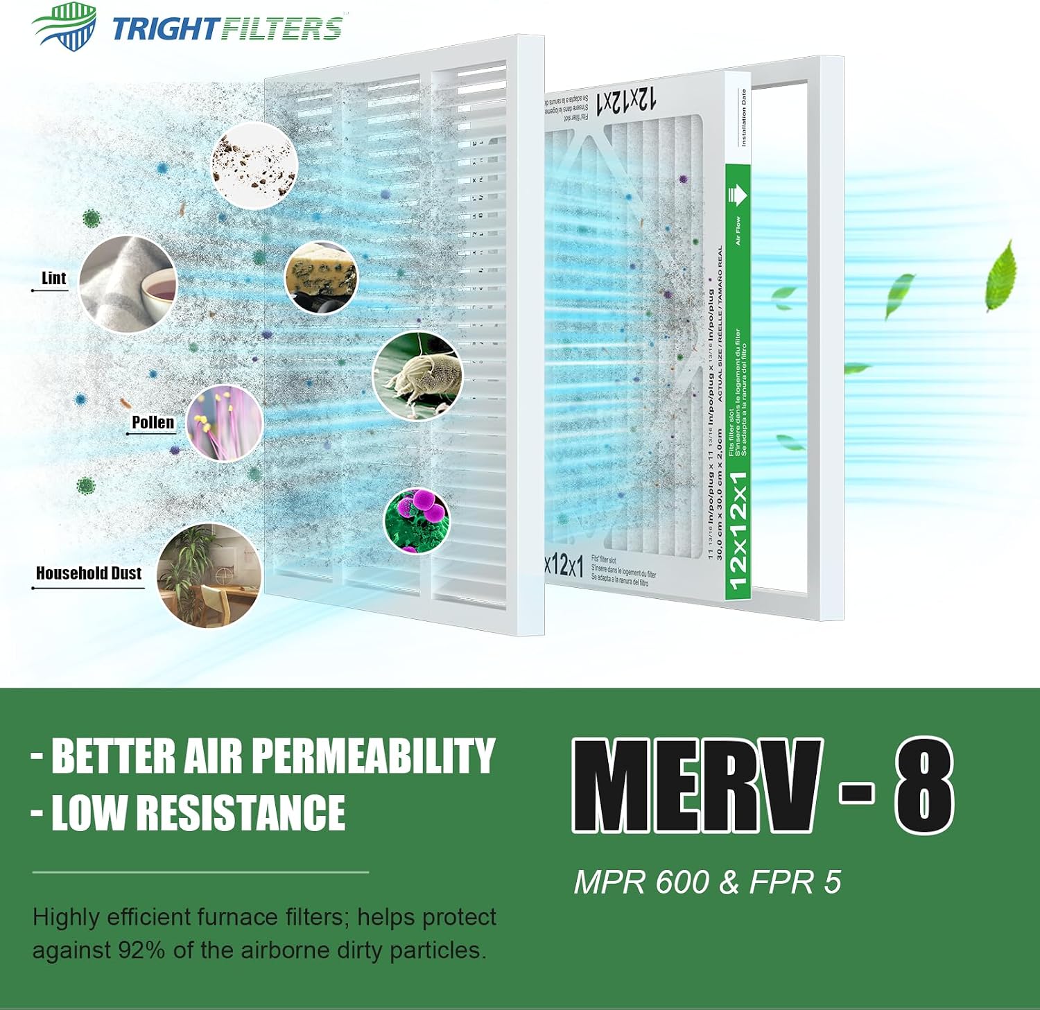 TRIGHTFILTERS 12x12x1 Air Filter 4 Pack, MERV 8 Pleated HVAC Furnace Filter