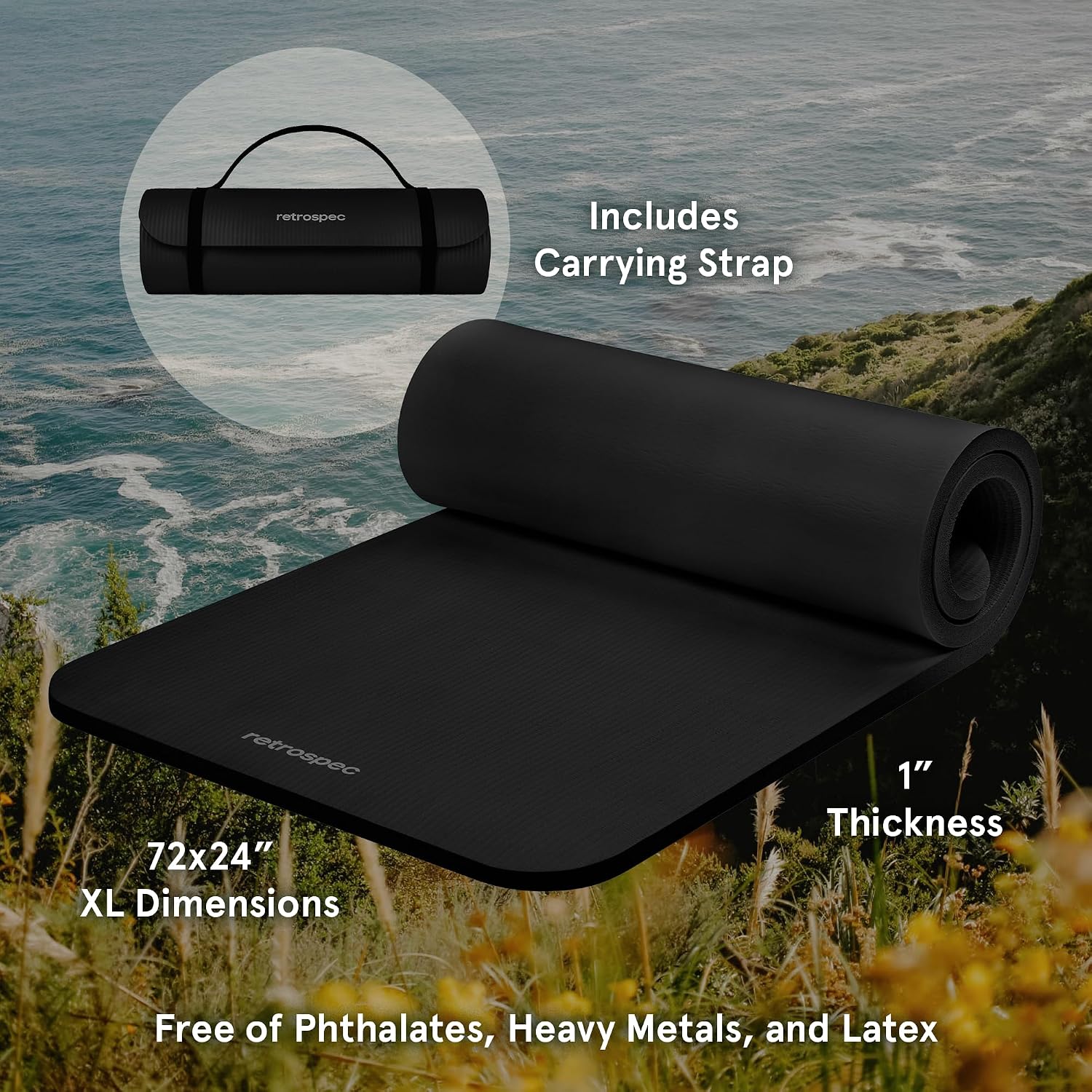 Retrospec Solana Yoga Mat 1" Thick w/Nylon Strap for Men & Women - Non Slip Exercise Mat for Home Yoga, Pilates, Stretching, Floor & Fitness Workouts