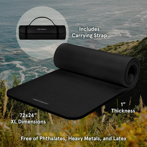 Retrospec Solana Yoga Mat 1" Thick w/Nylon Strap for Men & Women - Non Slip Exercise Mat for Home Yoga, Pilates, Stretching, Floor & Fitness Workouts