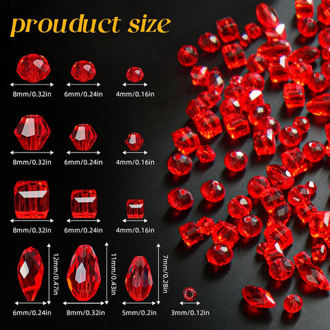 1500 Pcs Crystal Glass Beads for Jewelry Making – 12 Styles Bicone, Rondelle, Cube, Teardrop & 3mm Spacer Beads, DIY Bracelet Necklace Earring Craft Kit with Organizer Box(Red)