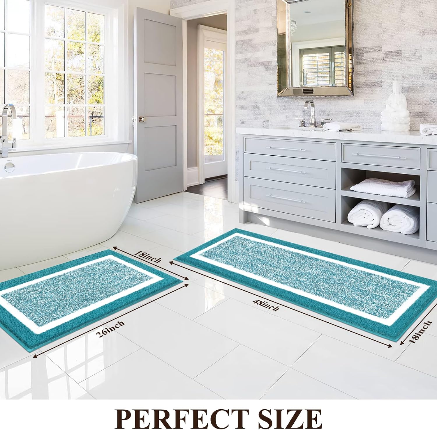 Pauwer Bathroom Rugs Sets 2 Piece, Non Slip Washable Bath Mat, Aqua Blue