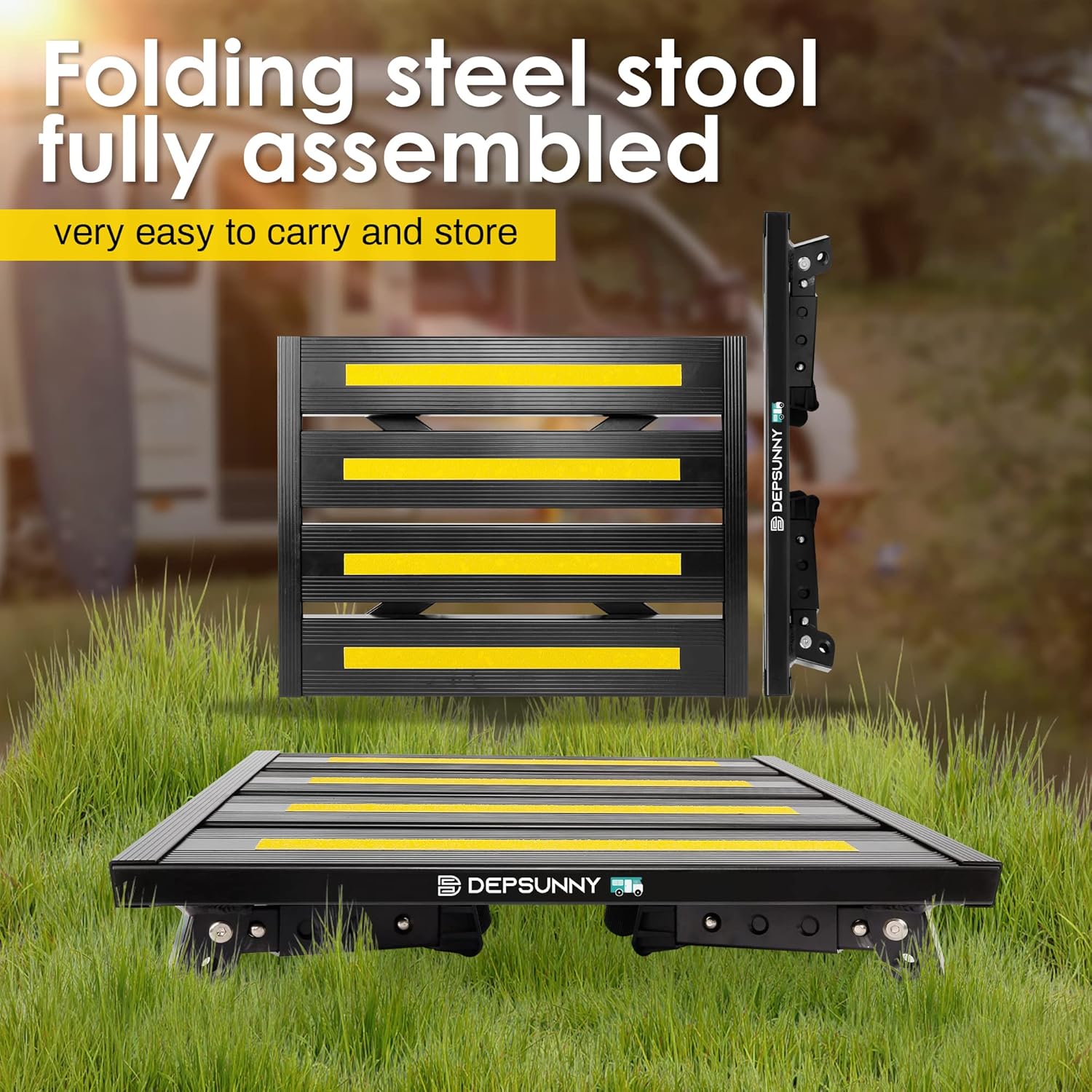 Adjustable RV Step Stool, Wide Platform, Foldable Legs, Black