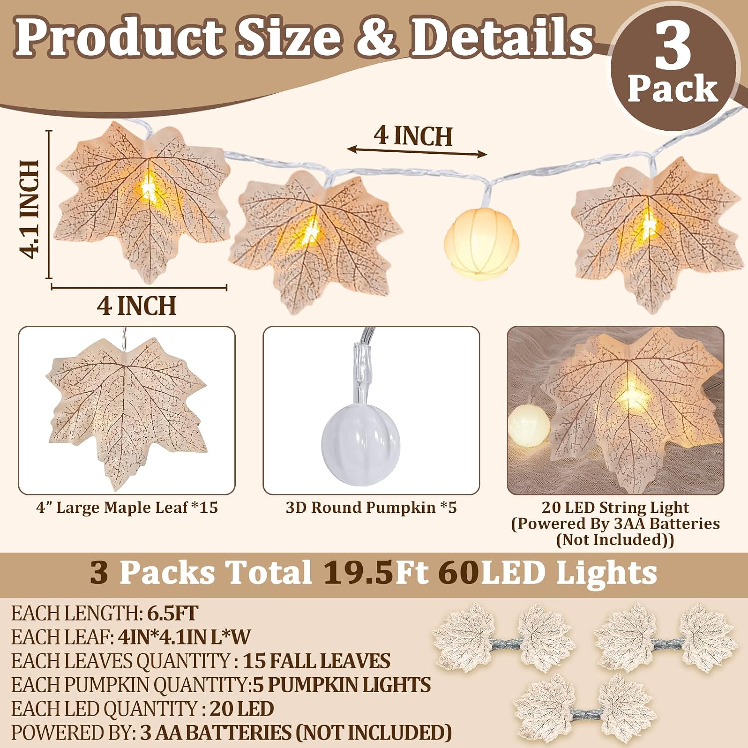 3 Pack Fall Garland with Pumpkin Lights Total 19.5Ft 60LED String Lights