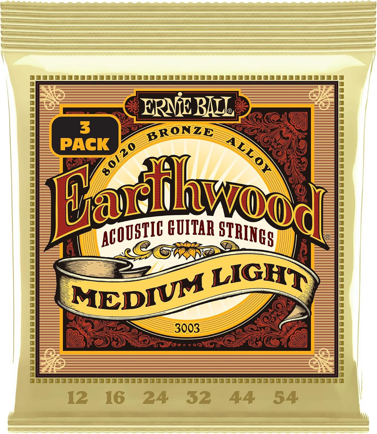 Ernie Ball Earthwood Medium Light 80/20 Bronze Acoustic Guitar Strings 3-pack, 12-54 Gauge (P03003)