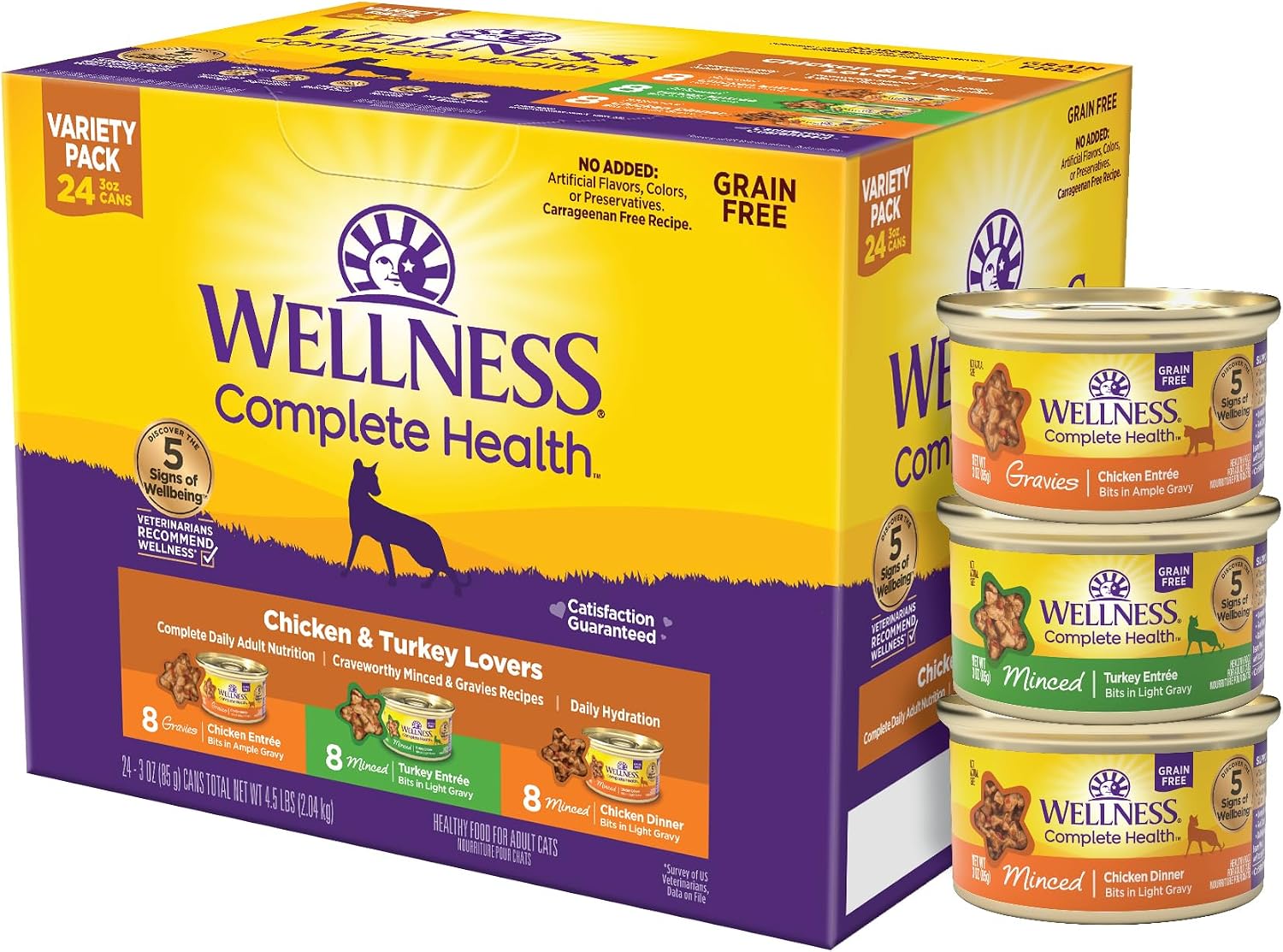 Wellness Complete Health Gravy and Minced Variety Pack Adult Canned Wet Cat Food, Natural, Protein Rich, Grain Free, Chicken and Turkey Lovers, 3 oz, Pack of 24 Cans