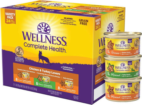 Wellness Complete Health Gravy and Minced Variety Pack Adult Canned Wet Cat Food, Natural, Protein Rich, Grain Free, Chicken and Turkey Lovers, 3 oz, Pack of 24 Cans